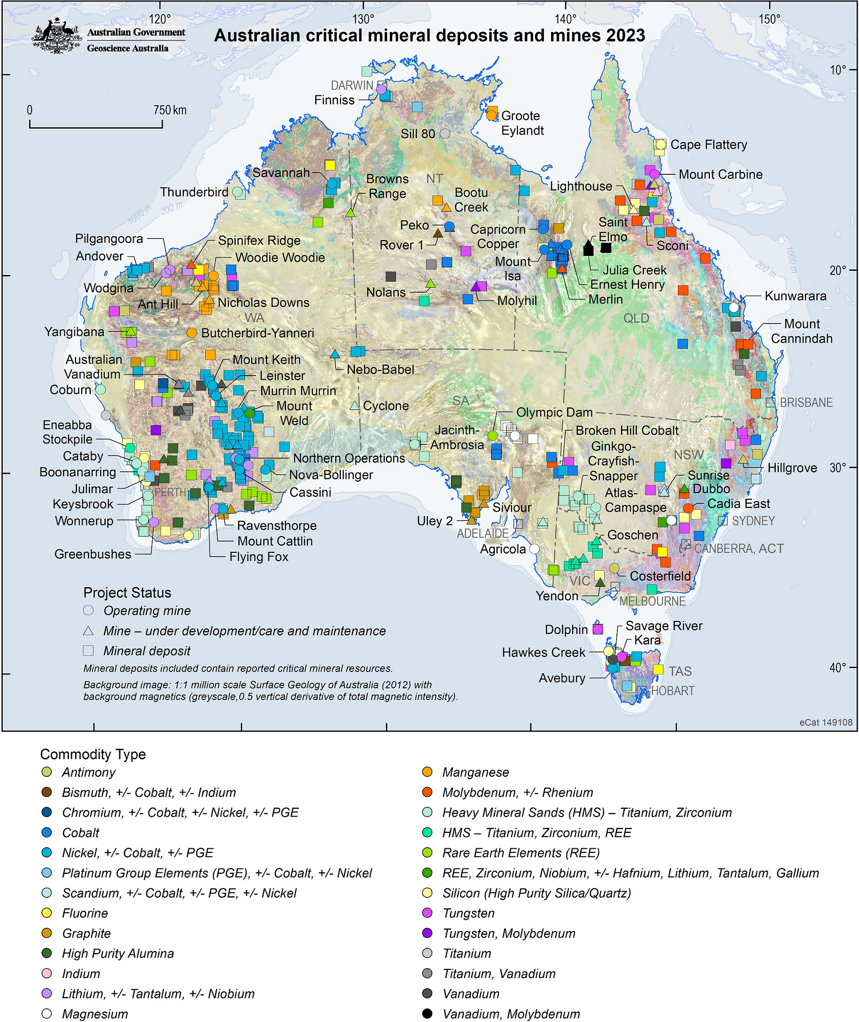 Map of Australia showing locations of critical mineral deposits and mines in 2023