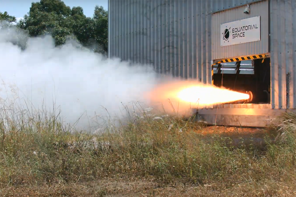 A ESS hot firing, producing flames and smoke