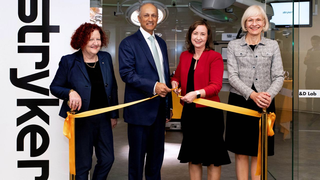 Stryker Brisbane R&D Lab opening ribbon cutting ceremony. From left: QUT Vice Chancellor Professor Margaret Sheil, Stryker Chair and CEO Kevin Lobo, Queensland Minister for Health, Yvette D’Ath, and UQ Vice Chancellor Professor Deborah Terry.