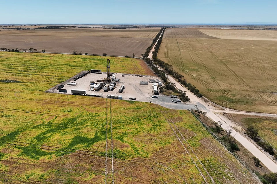 An aerial photo of Gold Hydrogen’s drill site. Image courtesy of Gold Hydrogen.