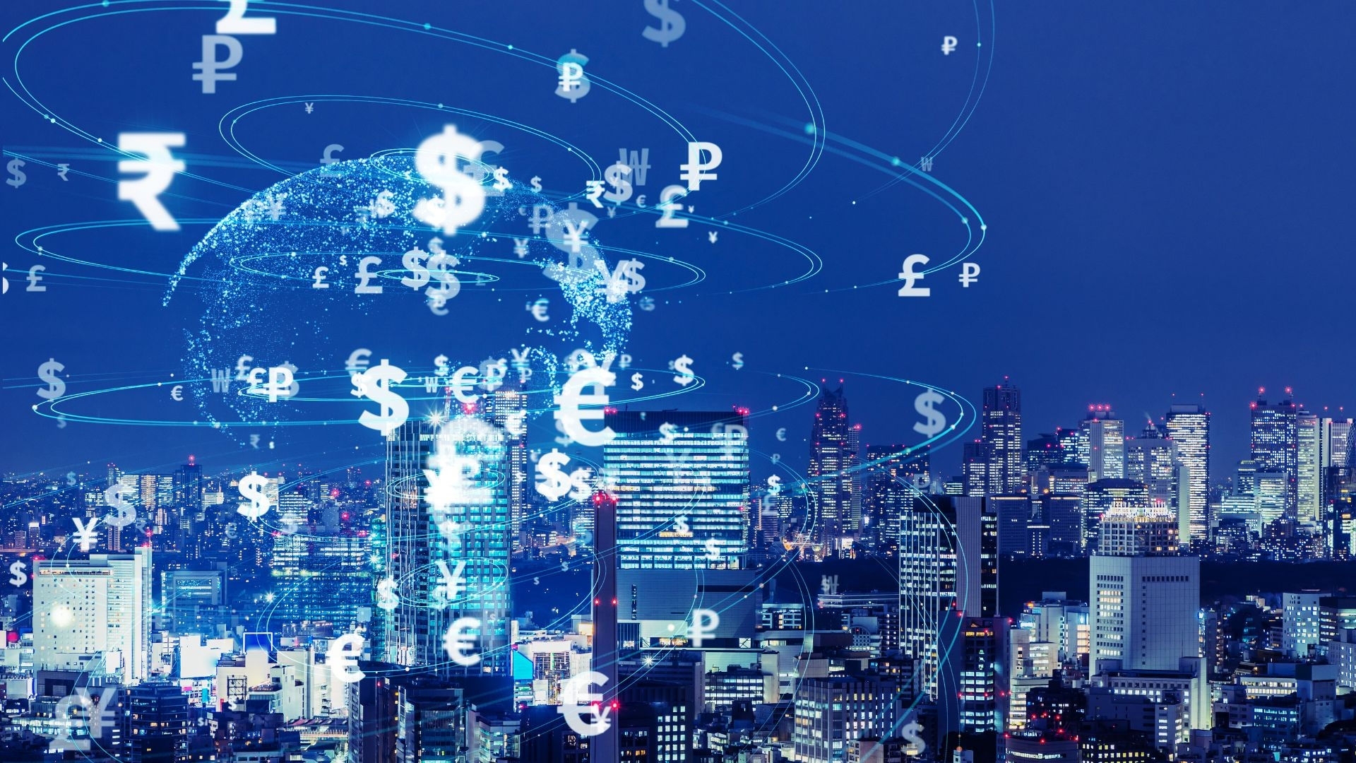 Futuristic foreign investment concept with blue world currency icons floating over a dark blue city buildings background