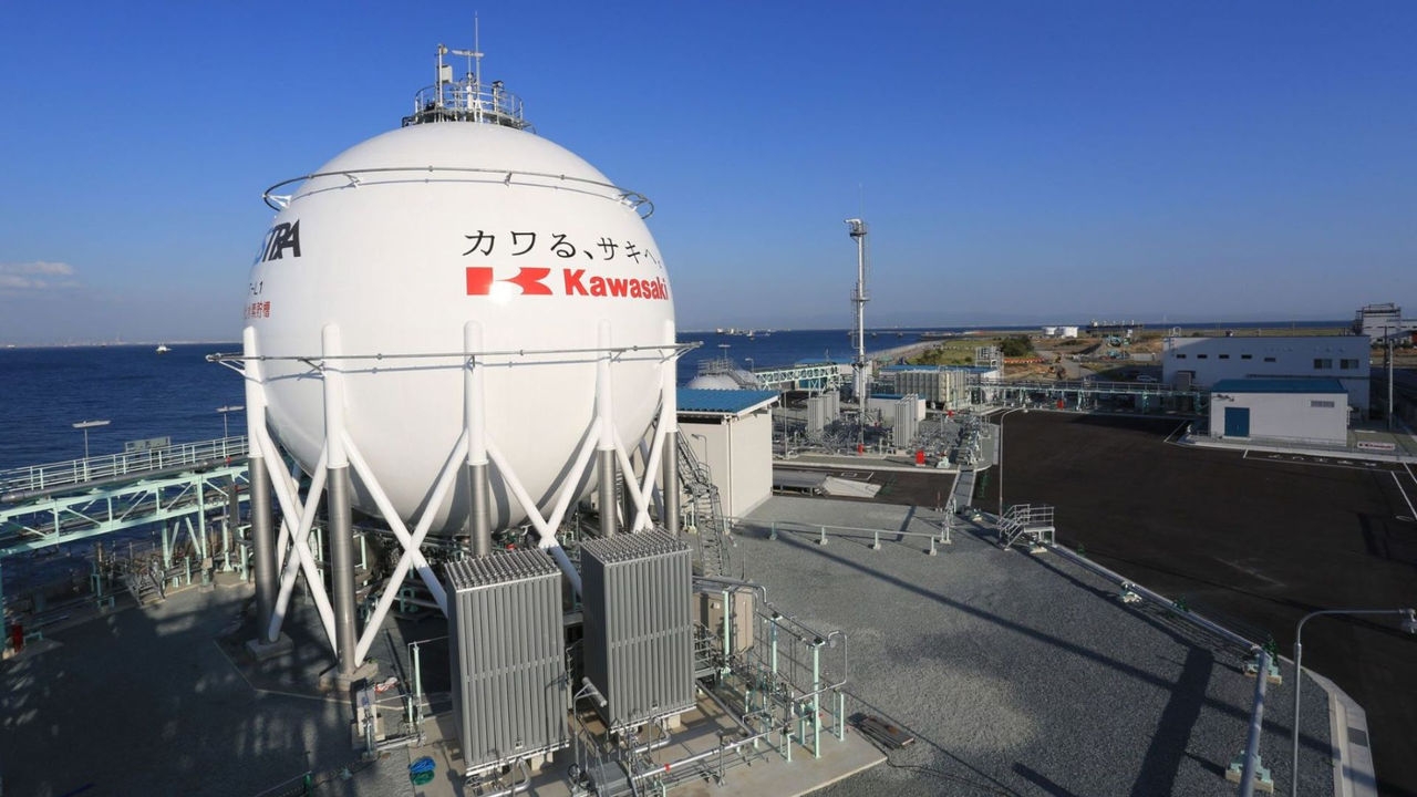 A spherical hydrogen storage tank at a hydrogen production plant