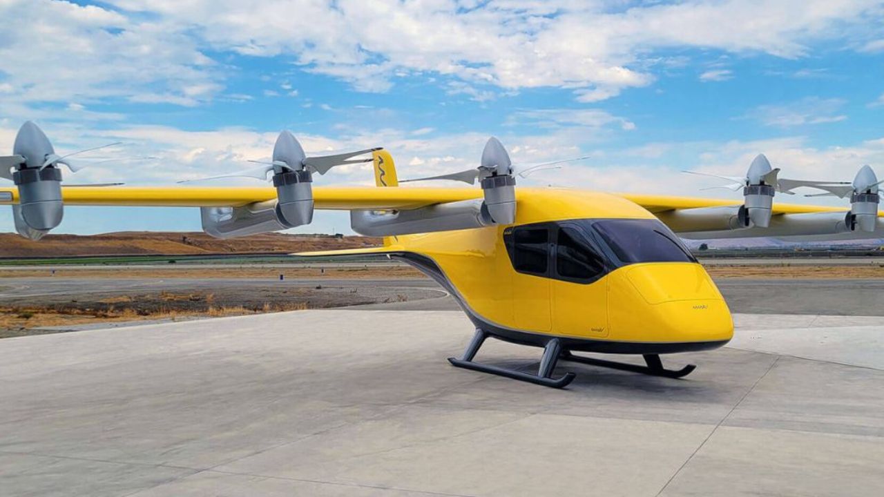 A yellow aero taxi using multiple propellers on a wing concept