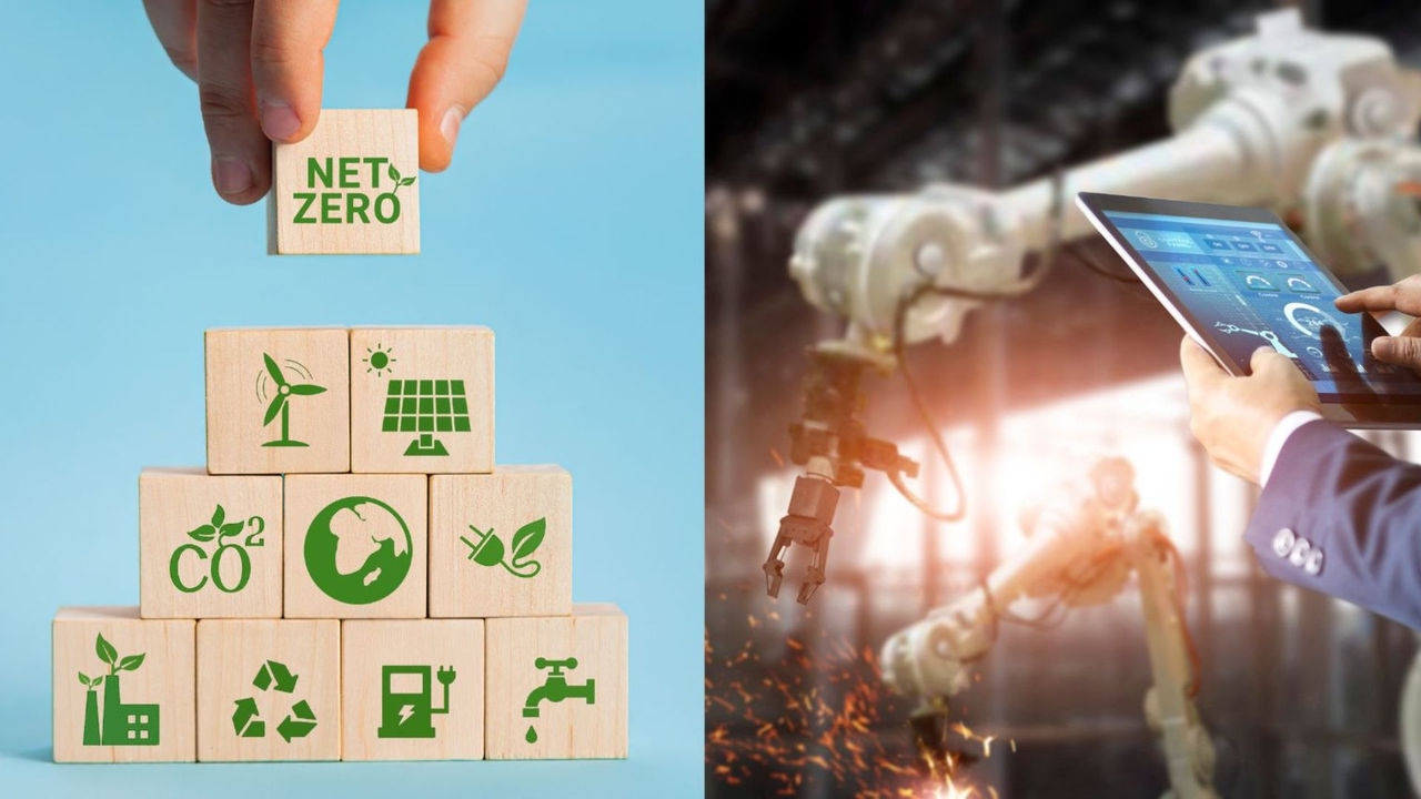A montage picture with a hand holding a net zero building block above a pyramid of net zero themed building blocks on the left and on the right is a man in a suit holding a tablet device controlling an advanced manufacturing robotic arm