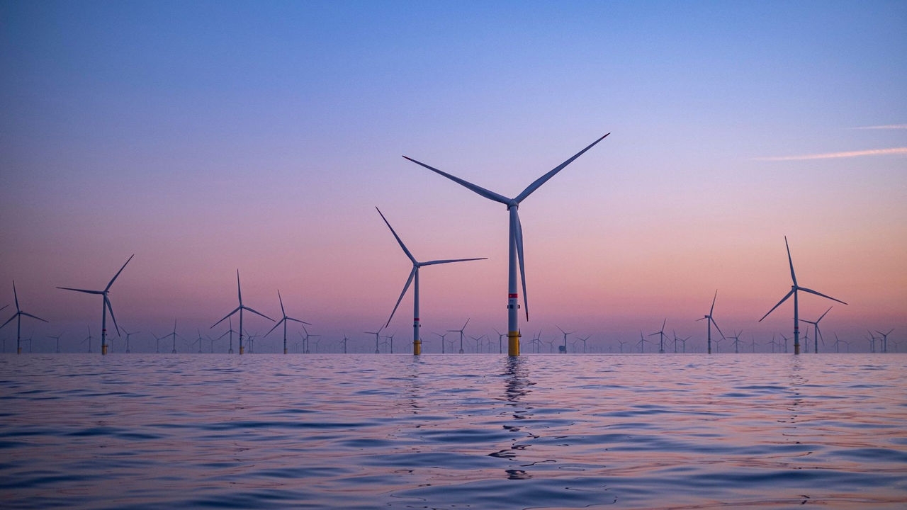 Multiple wind turbines in an offshore wind farm at sunset with a pink and dark blue sky in the background