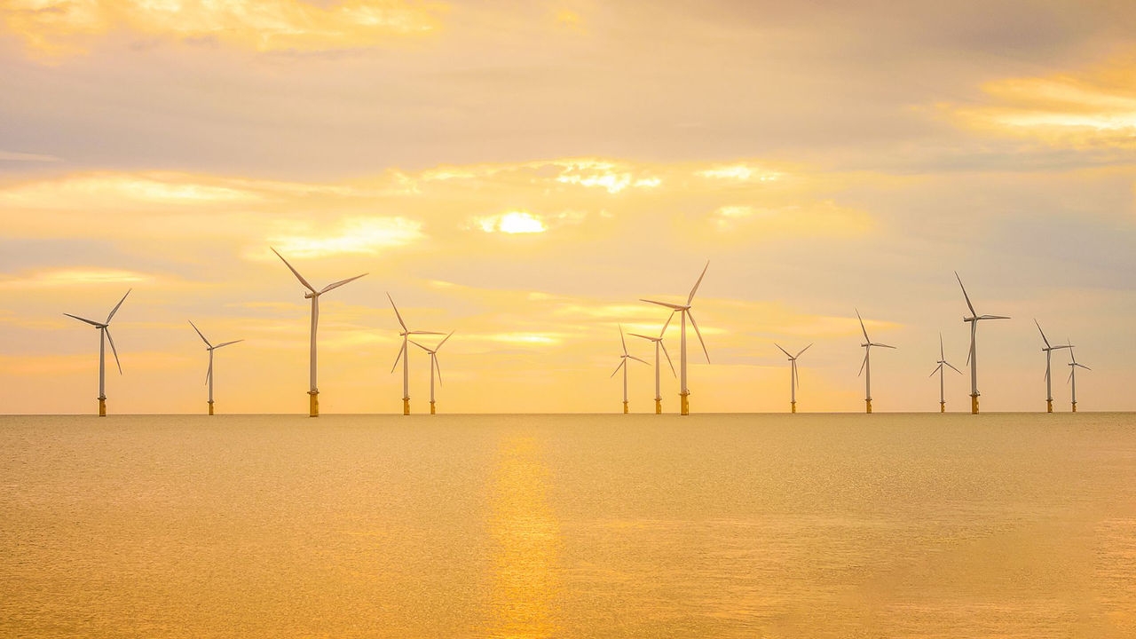 A number of wind turbine generators stand in water offshore during a golden sunset.