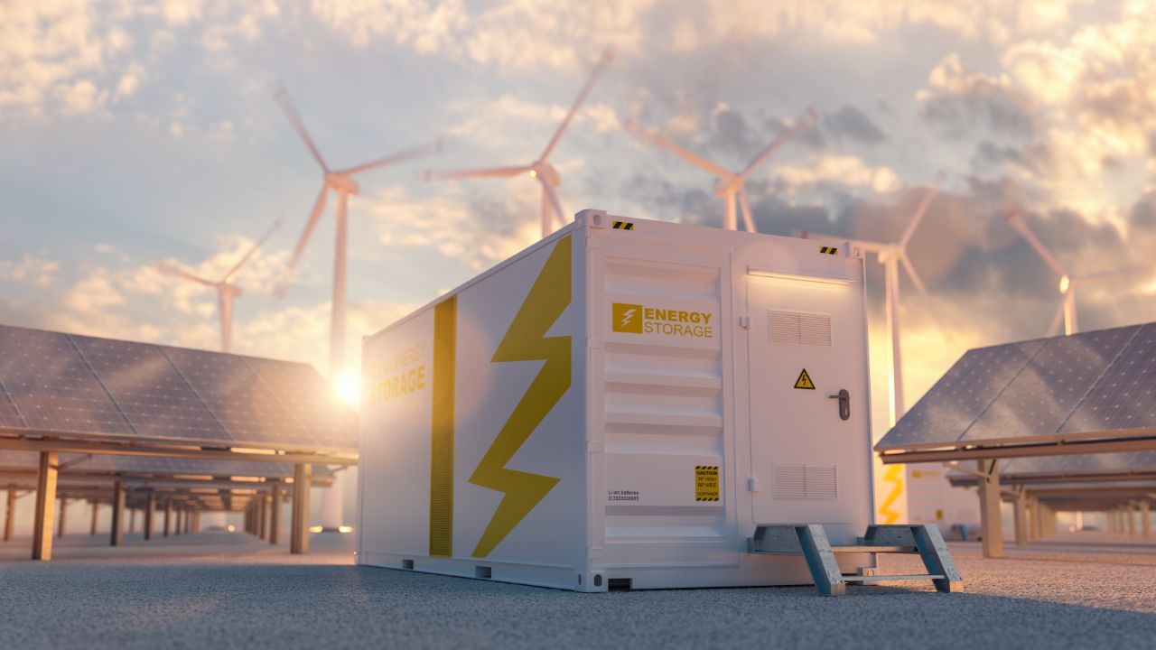 Battery, solar, wind hybrid green energy concept.