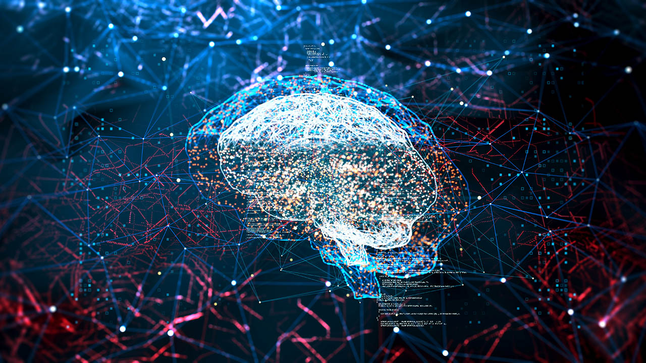 Decorative image showing outline of a brain against a dark background