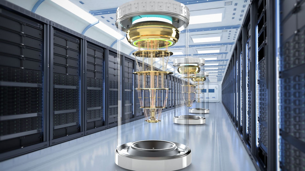 3d rendering of a quantum server network with quantum computer machine in server room.